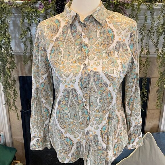 Merona 2 pc Women's XXL teal paisley button down and cream v neck peasant tops - Picture 2 of 16